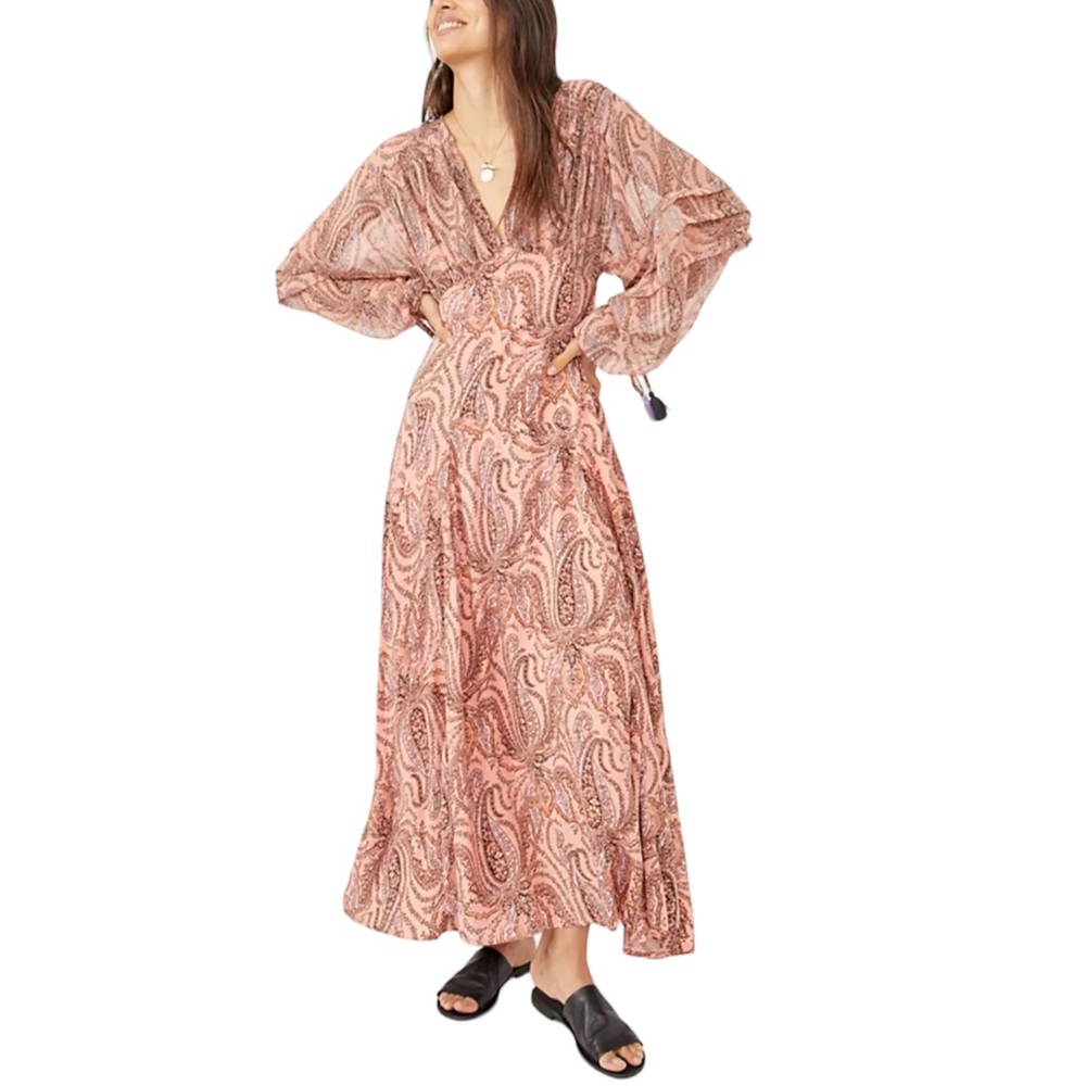 Free People Mirage Maxi Pink and Purple Paisley Flowy Dress A7